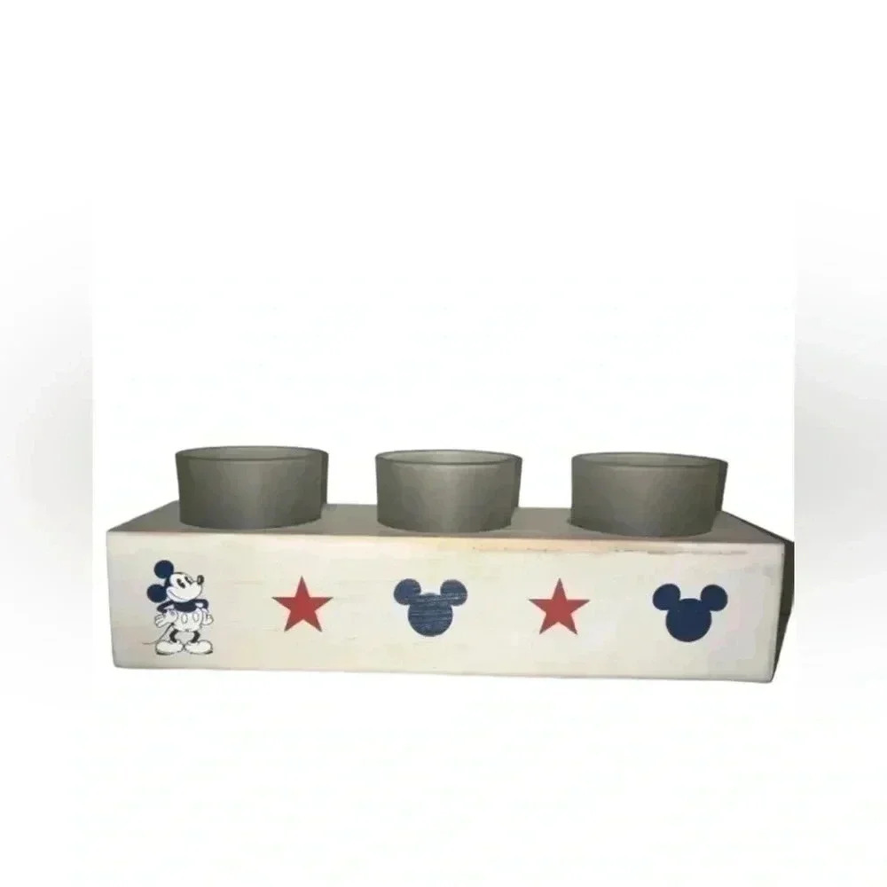 NWT Disney Parks Mickey Mouse American Legend 3 Candle Holder Set / Wooden Box